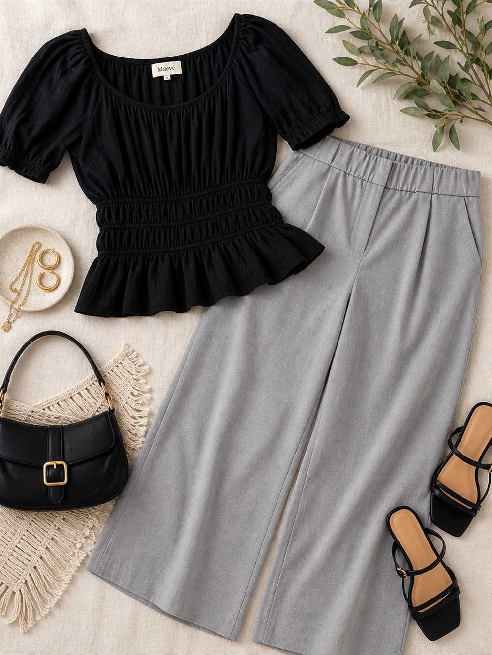 Maeve 3X Black Smocked Peplum Top with Banana Republic Light Gray Wide-Leg Pants - Picture 2 of 10